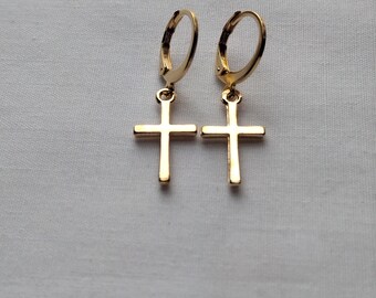 Gold Cross Huggie Hoop Earrings, Cross Earrings, Huggies, Hoops, Religious Cross, Dainty Drop Earrings, Gift for Christmas