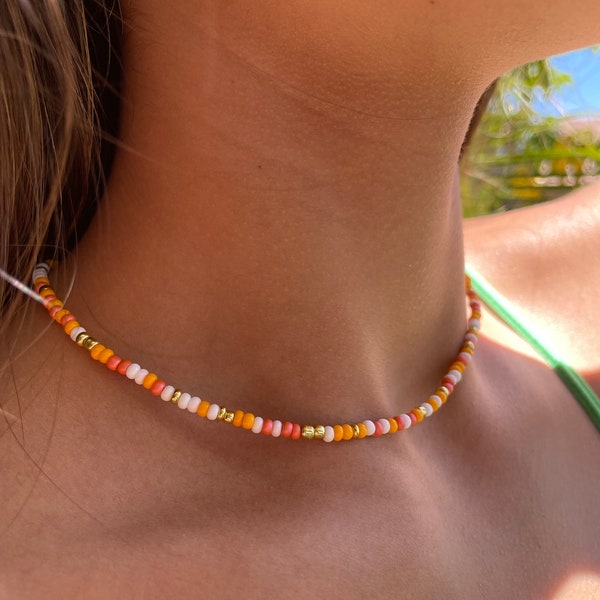 coral + orange seed bead necklace