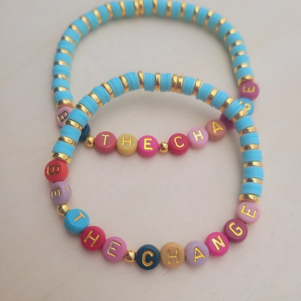 Be The Change Multicolor Letter Elastic Beaded Bracelet, Bulk Teacher Gift