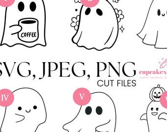 May include: A set of six white ghost illustrations with varied expressions and accessories. One ghost holds a coffee cup, another has flowers, and a third has a pumpkin on its head. The image includes the text "SVG, JPEG, PNG CUT FILES".