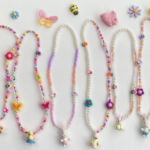 Vintage Easter Ornament Necklace: Seed Beads, Bunnies, Flowers