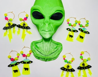 Alien Earrings, Space Jewelry, Neon Beads, Beaded Home Made Earrings, Gift Ideas, Rave Jewelry, UFO, Space Ship