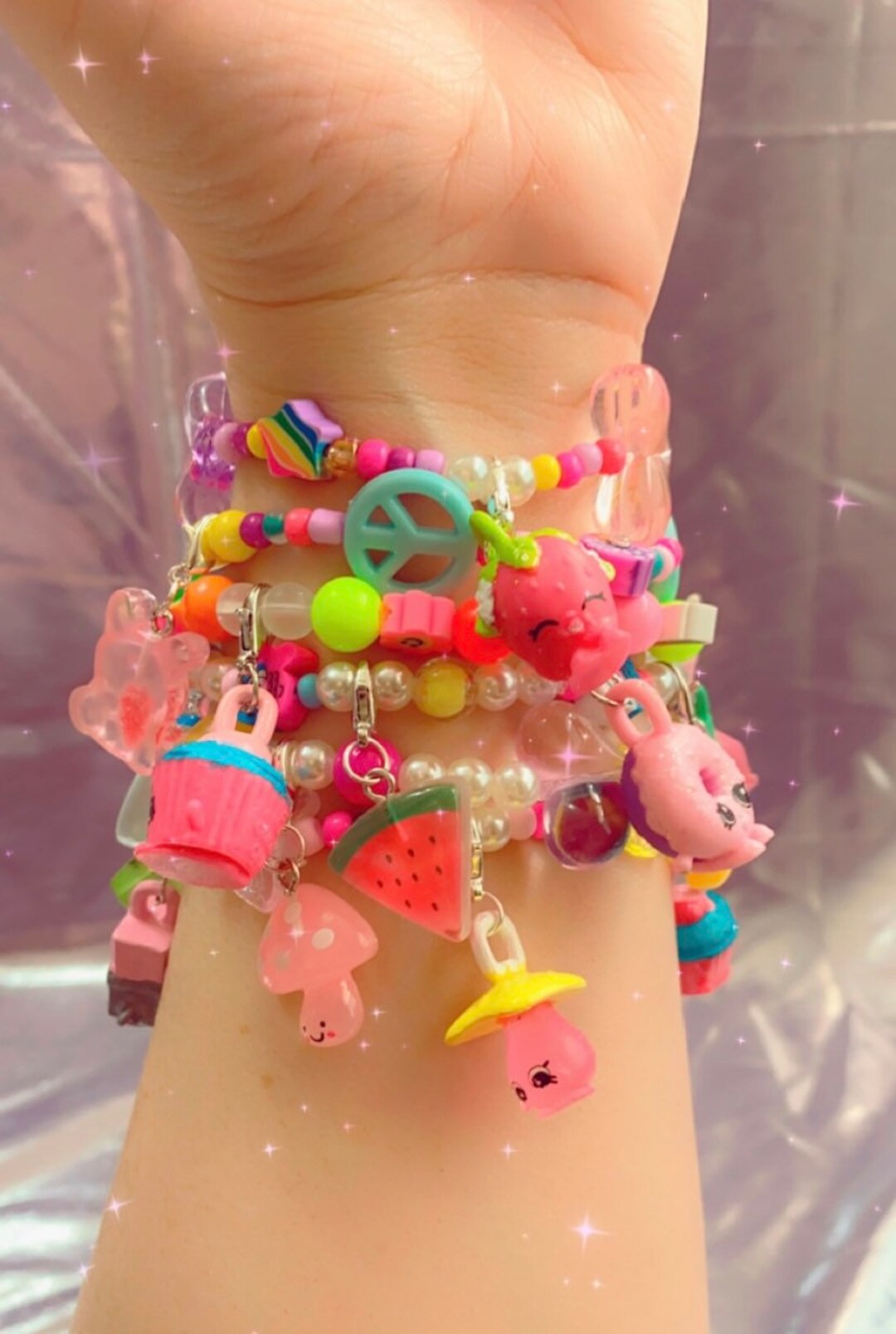 Cute Charm Bracelet, Charms, 90s Inspired, Kawaii, Shopkins, Hearts, Teddy Bears, Clowns