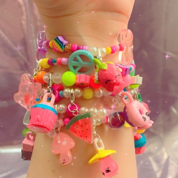 Cute Charm Bracelet, Charms,  90s Inspired, Kawaii, Shopkins, Hearts, Teddy Bears, Clowns, Mushrooms, Fruit, Flowers, Smiley Faces,