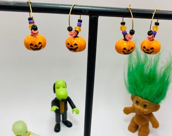 Pumpkin Earrings, Dangle Earrings, Halloween Earrings, Pumpkin Head Jingle Beads, Fall Earrings