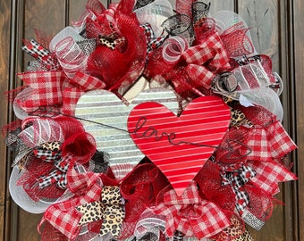 Red, Gingham, Leopard Animal Print Double Heart Valentine Wreath