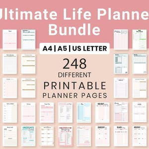 May include: A collection of 248 printable planner pages in various designs, including daily, weekly, and monthly layouts. The bundle includes A4, A5, and US Letter sizes. The text "Ultimate Life Planner Bundle" is at the top.