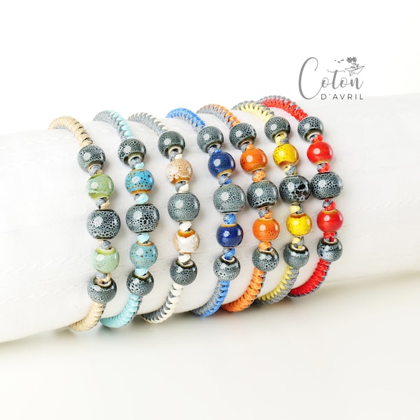 Bracelet perles céramique multicolore coton ciré ARLEQUIN