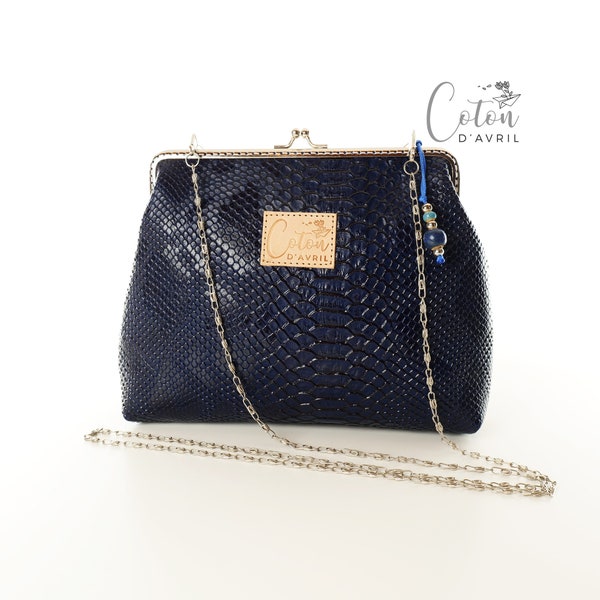 Mini Sac fabrication artisanale | simili cuir | Fermoir clic-clac | chaine métal | ECAILLE Bleu