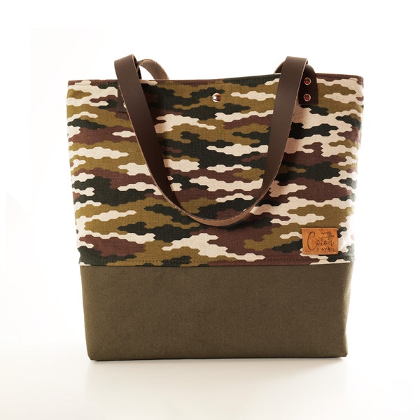 Sac Cabas fabrication artisanale | porté épaule | sangles cuir Tissu Imprimé | LUBERON Army