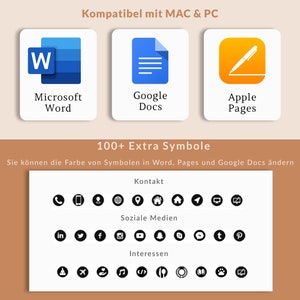 Op de afbeelding: Een afbeelding die compatibiliteit met Microsoft Word, Google Docs en Apple Pages laat zien. De afbeelding toont ook meer dan 100 extra symbolen die in deze programma's kunnen worden gebruikt. De tekst "Sie k&ouml;nnen die Farbe von Symbolen in Word, Pages und Google Docs &auml;ndern" is ook inbegrepen.