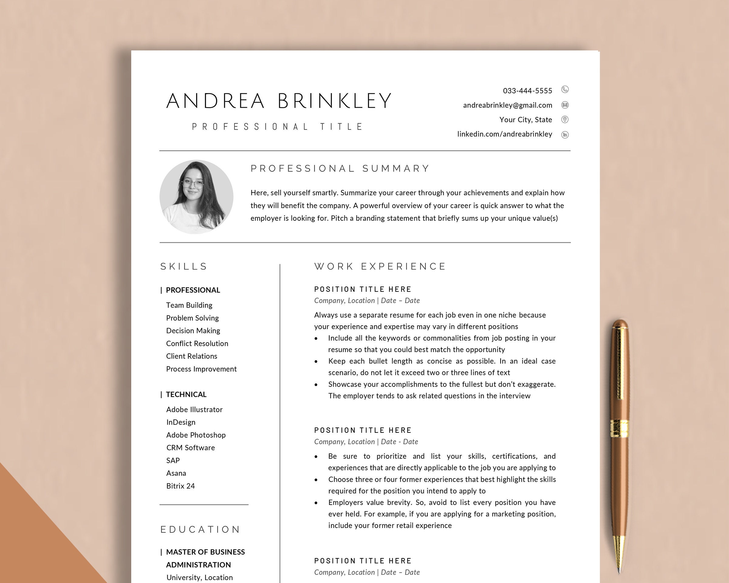 CV Template Photo Resume Template Word Resume Google Docs & Pages ...