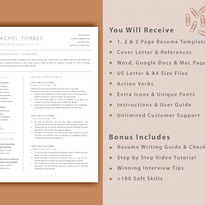 May include: A resume template package with a brown background and white text. The text includes "You Will Receive" and lists features such as resume templates, cover letter, references, and more. The text also includes "Bonus Includes" and lists features such as a resume writing guide, video tutorial, interview tips, and soft skills.