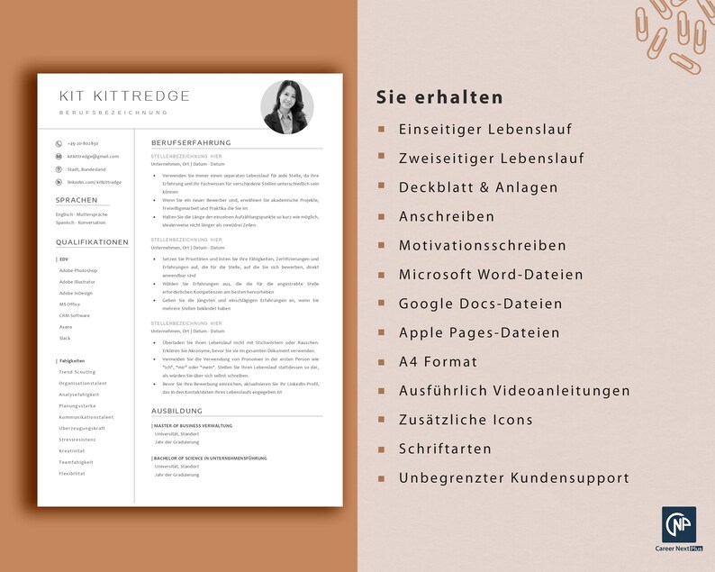 K&ouml;nnte beinhalten: Eine Lebenslaufvorlage mit einem schwarz-wei&szlig;en Design. Die Vorlage enth&auml;lt Abschnitte f&uuml;r Kontaktinformationen, Berufserfahrung, Ausbildung und F&auml;higkeiten. Der Text "Sie erhalten" wird in der oberen rechten Ecke des Bildes angezeigt. Der Text unter "Sie erhalten" listet die im Lebenslaufpaket enthaltenen Elemente auf. Der Text "Career Next" wird in der unteren rechten Ecke des Bildes angezeigt.