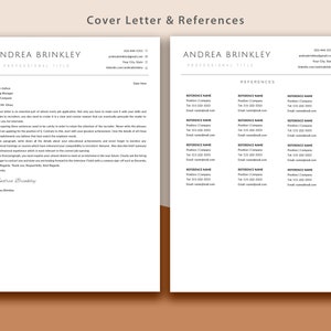 Może przedstawiać: Czarno-biały szablon listu motywacyjnego i referencji z nazwą Andrea Brinkley na g&oacute;rze każdej strony. List motywacyjny zawiera przykładowy list z podpisem, a strona referencji zawiera listę referencji z danymi kontaktowymi.