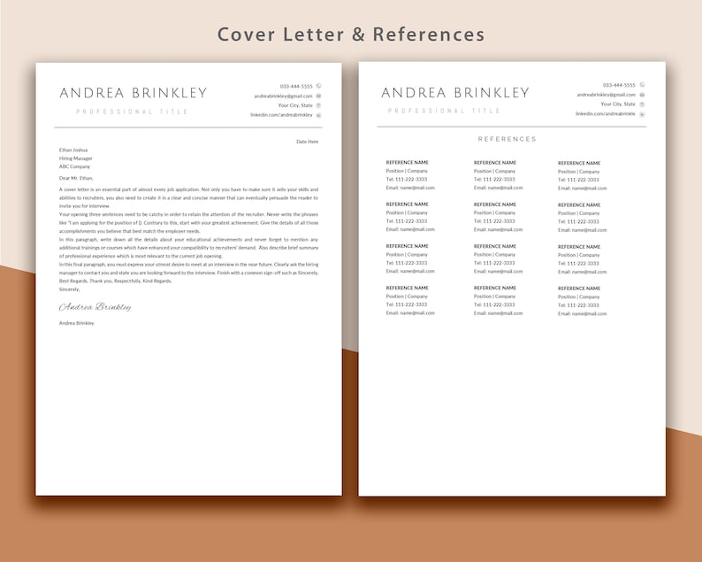 Może przedstawiać: Czarno-biały szablon listu motywacyjnego i referencji z nazwą Andrea Brinkley na g&oacute;rze każdej strony. List motywacyjny zawiera przykładowy list z podpisem, a strona referencji zawiera listę referencji z danymi kontaktowymi.