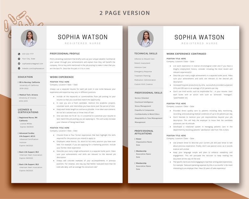 May include: A two-page resume template for a registered nurse named Sophia Watson. The resume includes sections for professional profile, work experience, licenses and certifications, education, technical skills, professional skills, and professional affiliations.