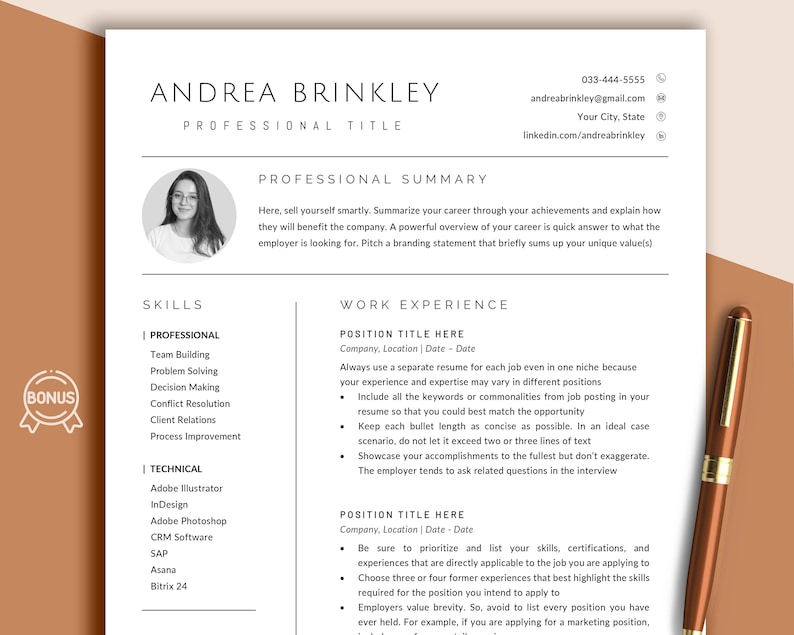 CV Template Photo Resume Template Word Resume Google Docs & Pages Resume Template With Picture Modern Executive Resume Professional 2023 image 1