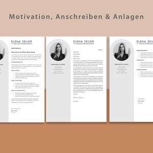 May include: A black and white image of a woman's headshot with the text "Motivation, Anschreiben & Anlagen" at the top of the page. The text "ELENA SEILER IT-PROJECTMANAGERIN" is repeated three times on the page. The text "PERSONLICHES" is repeated three times on the page.