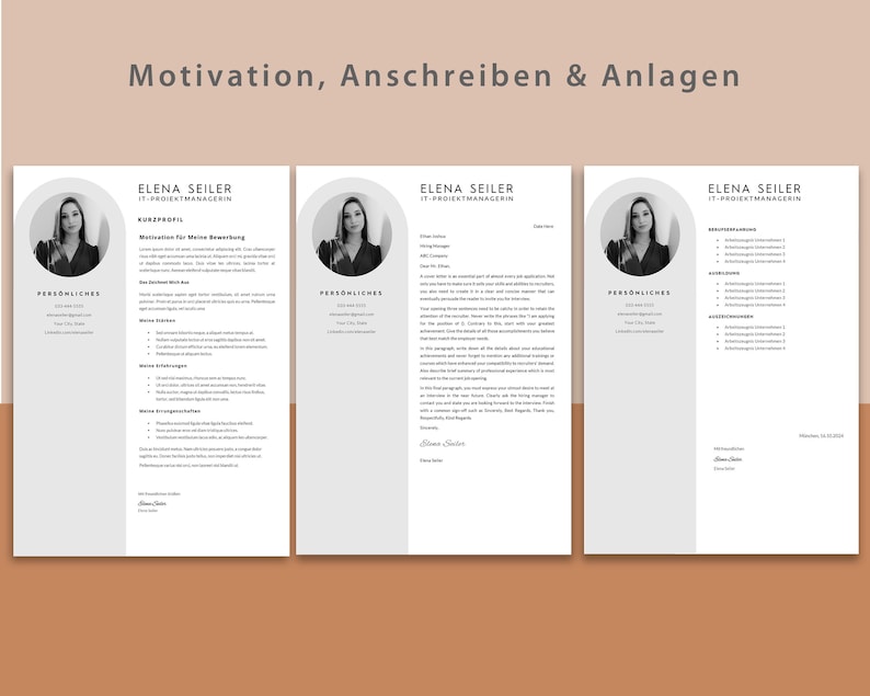 May include: A black and white image of a woman's headshot with the text "Motivation, Anschreiben & Anlagen" at the top of the page. The text "ELENA SEILER IT-PROJECTMANAGERIN" is repeated three times on the page. The text "PERSONLICHES" is repeated three times on the page.