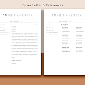 May include: A black and white cover letter and references template with the name Anne Maverick at the top of each page. The contact information is listed on the left side of the page and the references are listed on the right side of the page.