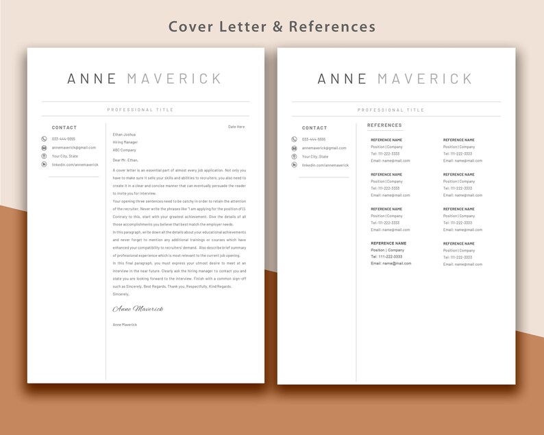 May include: A black and white cover letter and references template with the name Anne Maverick at the top of each page. The contact information is listed on the left side of the page and the references are listed on the right side of the page.