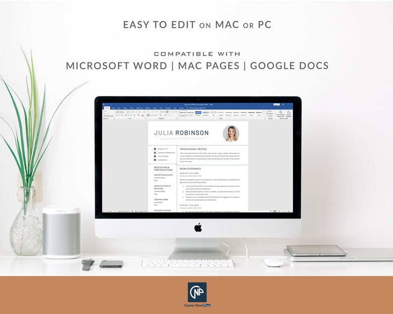 May include: A computer screen displaying a resume template in Microsoft Word. The resume is for Julia Robinson, and includes sections for professional profile, work experience, education, and skills. The text "EASY TO EDIT ON MAC OR PC" and "COMPATIBLE WITH MICROSOFT WORD | MAC PAGES | GOOGLE DOCS" is displayed above the resume.