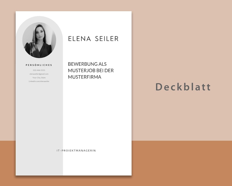 May include: Black and white cover letter template with the title "Elena Seiler" and the text "Bewerbung als Musterjob bei der Musterfirma" and "IT-Projektmanagerin".