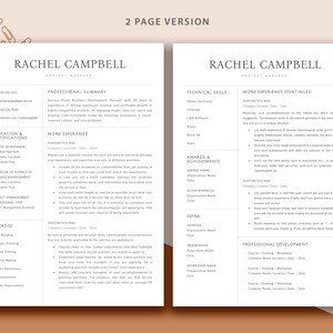 May include: A two-page resume template for Rachel Campbell, a project manager. The resume includes sections for professional summary, work experience, education and certifications, technical skills, awards and achievements, extra, professional development, and expertise.