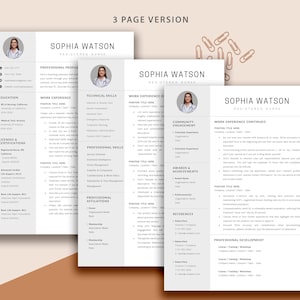 May include: A three-page resume template for a registered nurse named Sophia Watson. The resume includes sections for professional profile, work experience, education, licenses and certifications, technical skills, professional skills, professional affiliations, community engagement, awards and achievements, references, and professional development.