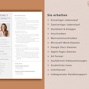 Op de afbeelding: Een lichtbruine achtergrond met een wit rechthoek in het midden. De rechthoek bevat een cv-sjabloon met een foto van een vrouw, contactgegevens, werkervaring, vaardigheden en opleiding. De tekst "Sie erhalten" staat in een donkerbruine rechthoek aan de rechterkant van de afbeelding. De tekst onder "Sie erhalten" somt de diensten op die zijn inbegrepen in het cv-pakket. De tekst "Career Next" staat in een bruine cirkel met een witte "NP" in het midden.