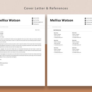 Pu&ograve; includere: Un modello di lettera di presentazione e referenze in bianco e nero per Mellisa Watson. La lettera di presentazione include un esempio di introduzione e un paragrafo di chiusura. La sezione delle referenze include una tabella con spazio per cinque referenze, inclusi nome, posizione, azienda, numero di telefono e indirizzo email.