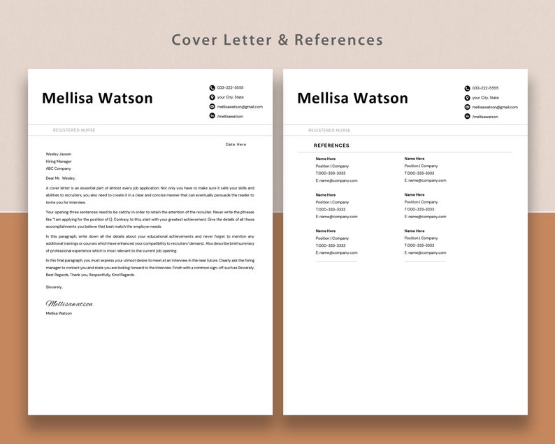 Pu&ograve; includere: Un modello di lettera di presentazione e referenze in bianco e nero per Mellisa Watson. La lettera di presentazione include un esempio di introduzione e un paragrafo di chiusura. La sezione delle referenze include una tabella con spazio per cinque referenze, inclusi nome, posizione, azienda, numero di telefono e indirizzo email.
