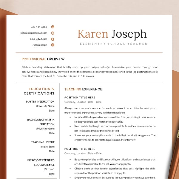 Teacher Resume Template Word, Pages, Google Docs, Teaching Resume, CV Resume Template, Professional Resume Template, Teaching Resume