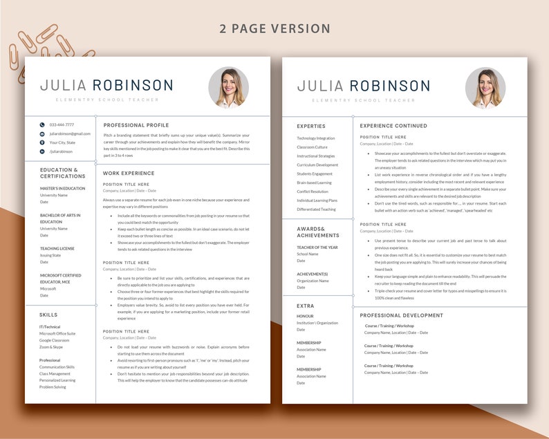 May include: A two-page resume template with a beige background and brown accents. The resume is for Julia Robinson, an elementary school teacher. The resume includes sections for professional profile, work experience, education and certifications, skills, awards and achievements, extra, and professional development.
