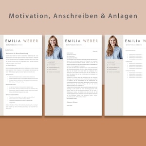 May include: A three-page document with a woman's headshot in the top left corner of each page. The document is titled "Motivation, Anschreiben & Anlagen". The text on the document is in German.