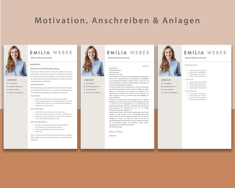 May include: A three-page document with a woman's headshot in the top left corner of each page. The document is titled "Motivation, Anschreiben & Anlagen". The text on the document is in German.