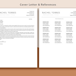 May include: A cover letter and references page for Rachel Torres. The cover letter is addressed to Ethan Indah, Hiring Manager at ABC Company. The references page lists three references with their names, positions, companies, phone numbers, and email addresses.