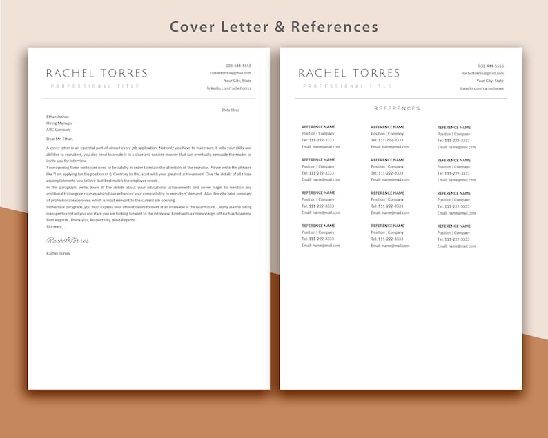 May include: A cover letter and references page for Rachel Torres. The cover letter is addressed to Ethan Indah, Hiring Manager at ABC Company. The references page lists three references with their names, positions, companies, phone numbers, and email addresses.