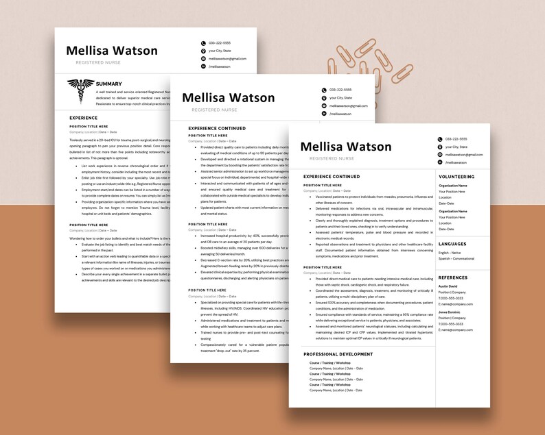 Pu&ograve; includere: Un curriculum vitae per un'infermiera registrata di nome Mellisa Watson. Il curriculum vitae include sezioni per esperienza, sviluppo professionale, volontariato, lingue e referenze. Il curriculum vitae &egrave; formattato con un design pulito e moderno.