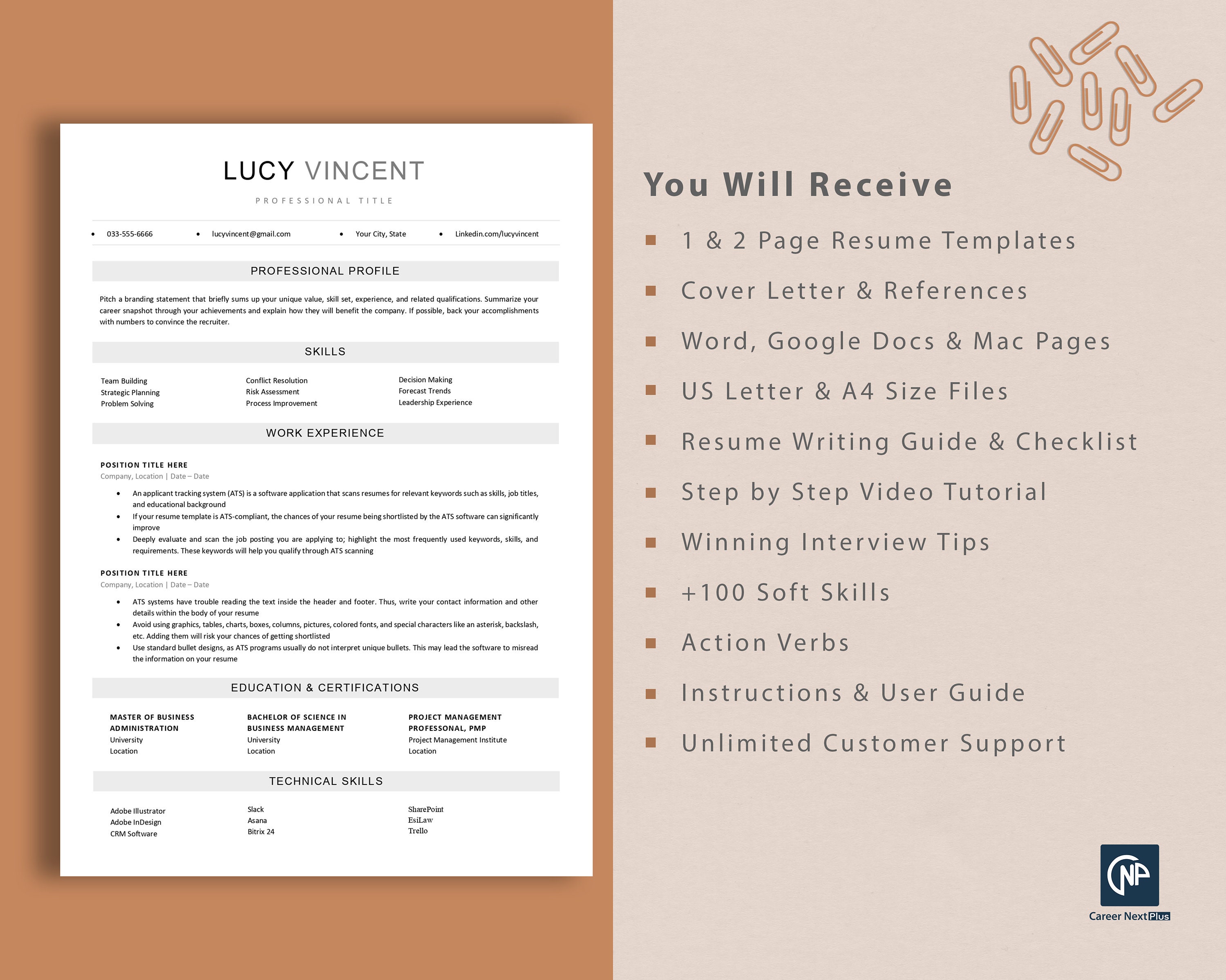 ATS Resume Template for MS Word, Google Docs & Mac Pages, Clean Simple ...