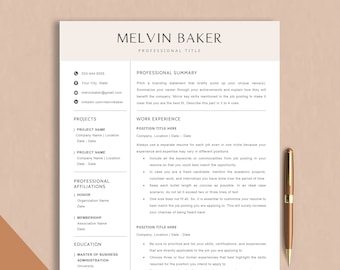 May include: A black and white resume template with the name Melvin Baker at the top. The resume includes sections for professional summary, work experience, projects, professional affiliations, education, and skills.