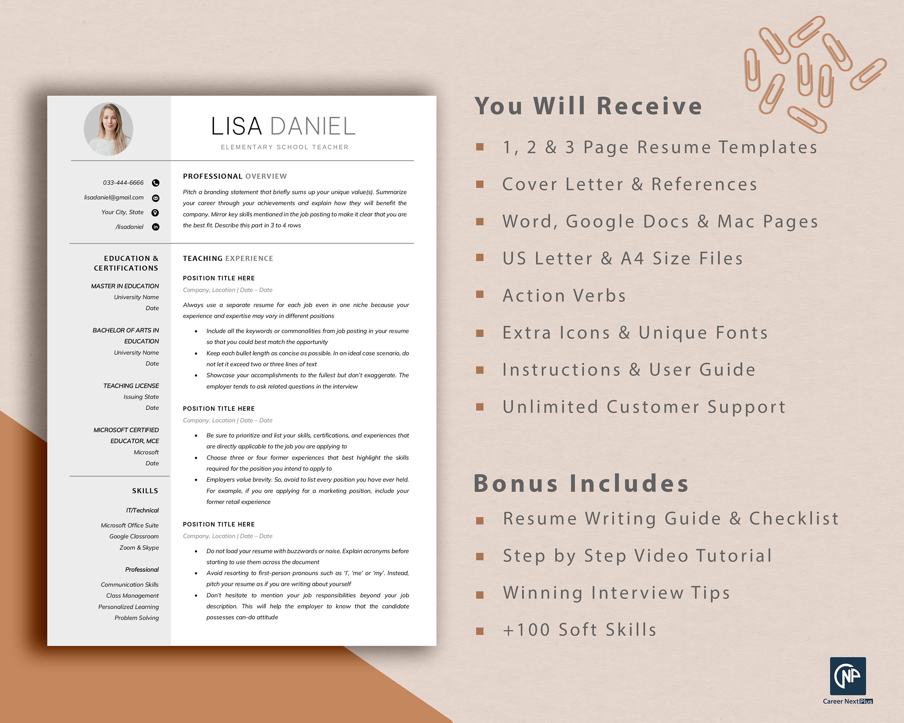 Professional Modern Resume Template Teacher Resume With Photo, Clean ...