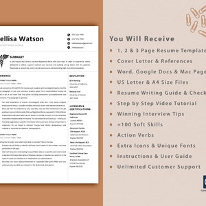 Pu&ograve; includere: Uno sfondo marrone chiaro con un rettangolo bianco che contiene un modello di curriculum per un'infermiera registrata di nome Mellisa Watson. Il curriculum include sezioni per esperienza, istruzione, licenze e certificazioni e un riepilogo. Il testo "Riceverai" &egrave; in un rettangolo marrone scuro con un elenco di elementi in testo bianco. L'elenco include modelli di curriculum, lettera di presentazione, referenze, Word, Google Docs, Pages di Mac, lettera americana, file di formato A4, guida alla scrittura di curriculum, checklist, tutorial video passo passo, consigli per colloqui di successo, 100 soft skills, verbi d'azione, icone aggiuntive, font unici, istruzioni, guida dell'utente e supporto clienti illimitato. Il testo "CareerNext" &egrave; in un rettangolo bianco con un logo marrone scuro di una graffetta.