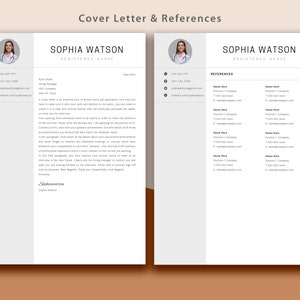 May include: A black and white resume template with a cover letter and references section. The template features a professional headshot of a woman in a white coat. The text on the resume includes the name Sophia Watson, Registered Nurse, contact information, and a brief cover letter.