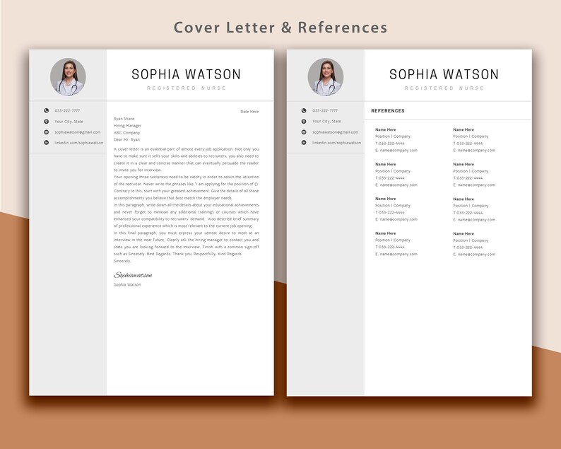 May include: A black and white resume template with a cover letter and references section. The template features a professional headshot of a woman in a white coat. The text on the resume includes the name Sophia Watson, Registered Nurse, contact information, and a brief cover letter.