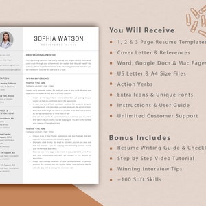 May include: A resume template for registered nurses with a light brown background and a light blue resume template. The text "You Will Receive" and "Bonus Includes" is in a dark brown font. The resume template includes 1, 2, and 3 page resume templates, cover letter and references, Word, Google Docs, and Mac pages, US Letter and A4 size files, action verbs, extra icons and unique fonts, instructions and user guide, unlimited customer support, resume writing guide and checklist, step by step video tutorial, winning interview tips, and 100 soft skills.