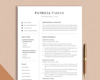May include: A black and white resume template with the name Patricia Parker at the top. The resume includes sections for professional overview, education, work experience, and skills.