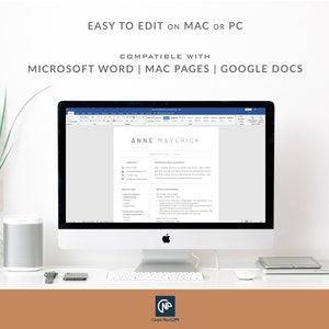May include: A computer screen displaying a resume template in Microsoft Word. The resume is for Anne Maverick and includes sections for contact information, professional summary, education, and work experience. The text "EASY TO EDIT ON MAC OR PC" and "COMPATIBLE WITH MICROSOFT WORD | MAC PAGES | GOOGLE DOCS" is displayed above the resume.