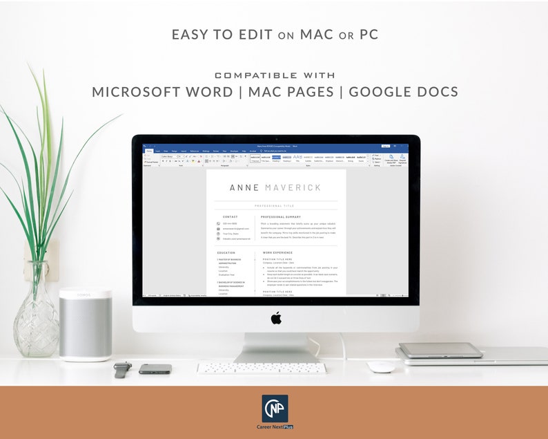 May include: A computer screen displaying a resume template in Microsoft Word. The resume is for Anne Maverick and includes sections for contact information, professional summary, education, and work experience. The text "EASY TO EDIT ON MAC OR PC" and "COMPATIBLE WITH MICROSOFT WORD | MAC PAGES | GOOGLE DOCS" is displayed above the resume.